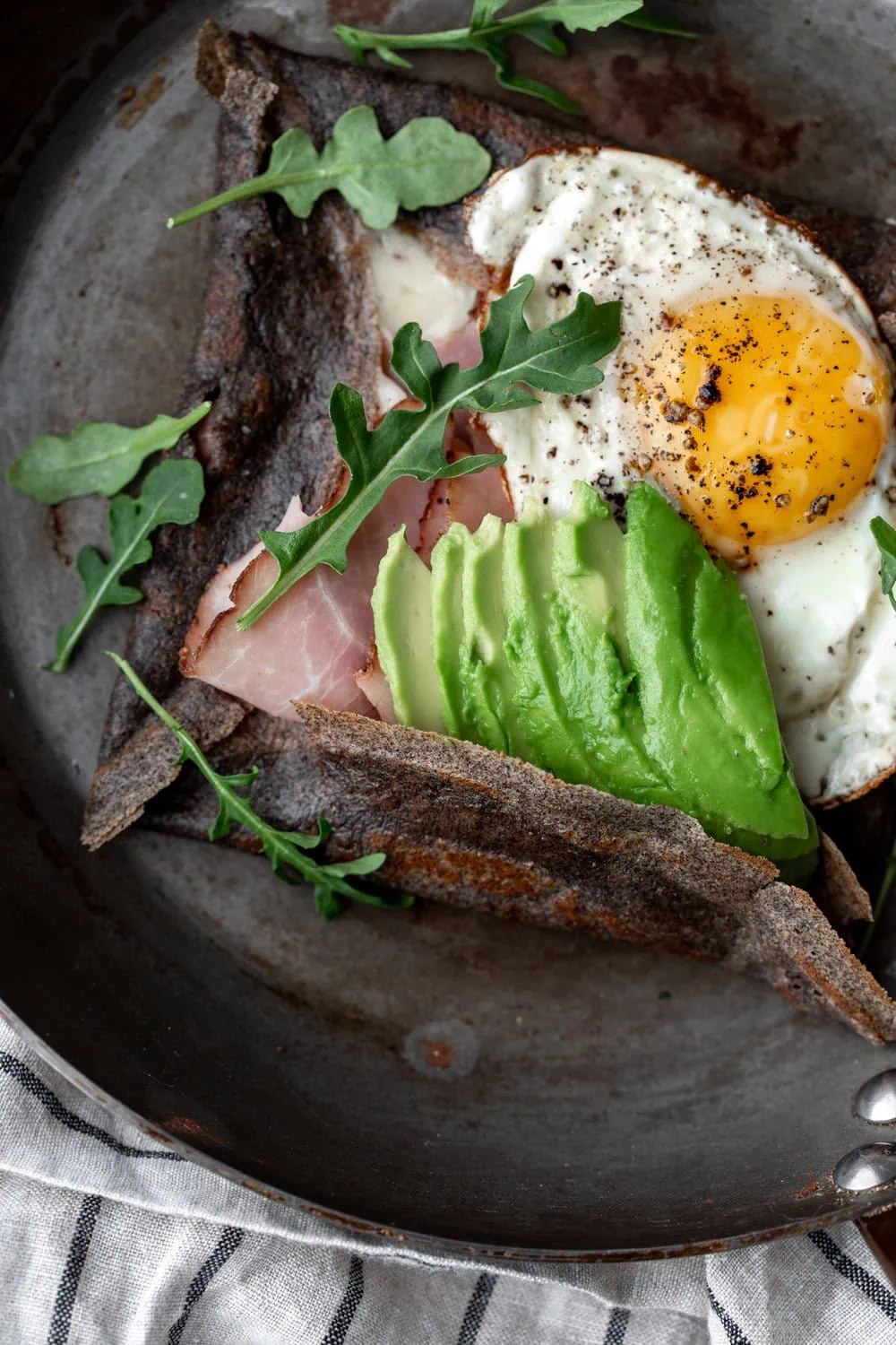 Buckwheat Crêpes with Cheese, Avocado, Ham & Eggs  closeup