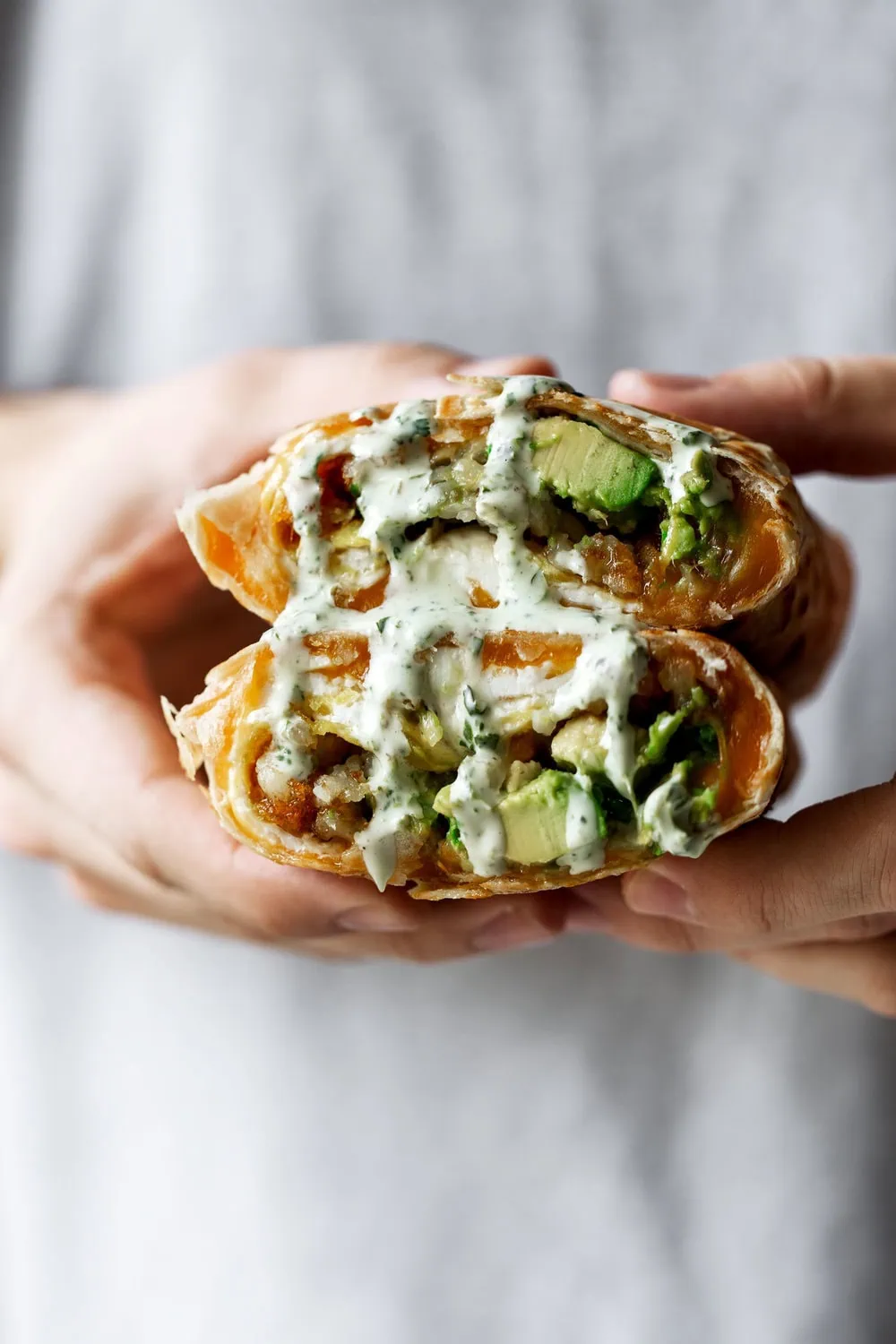 Vegetarian Breakfast Burrito with Fire-Roasted Salsa and Cilantro Crema recipe halved 