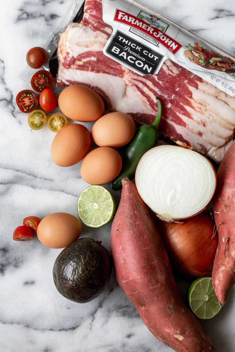 thick cut farmer john bacon with tomatoes eggs and sweet potato