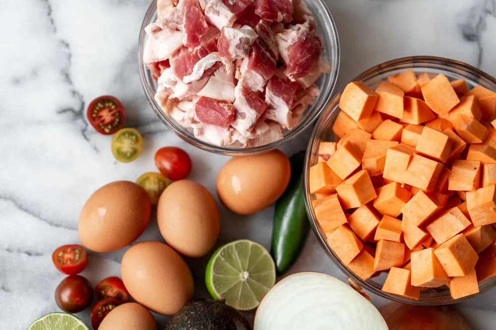 sweet potato and bacon hash ingredient shot