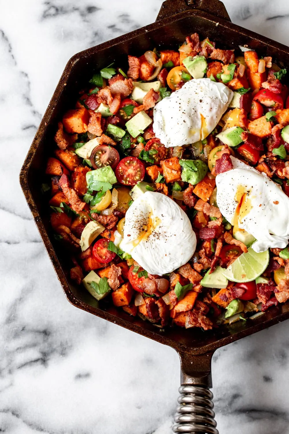 sweet potato and bacon hash recipe with eggs avocado and tomatoes