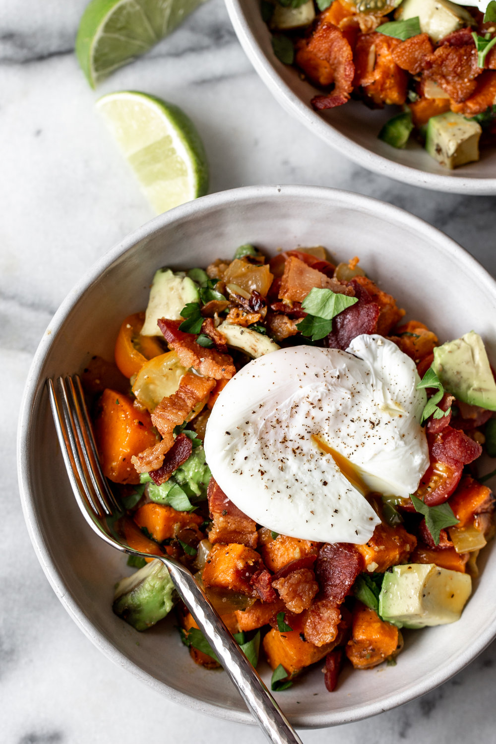 sweet potato and bacon hash recipe from cooking with cocktail rings closeup