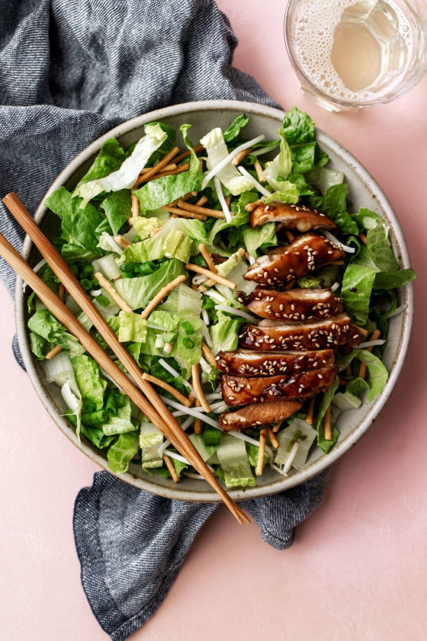 Crispy Teriyaki Chicken Salad with sprouts and crispy chow mein noodles.
