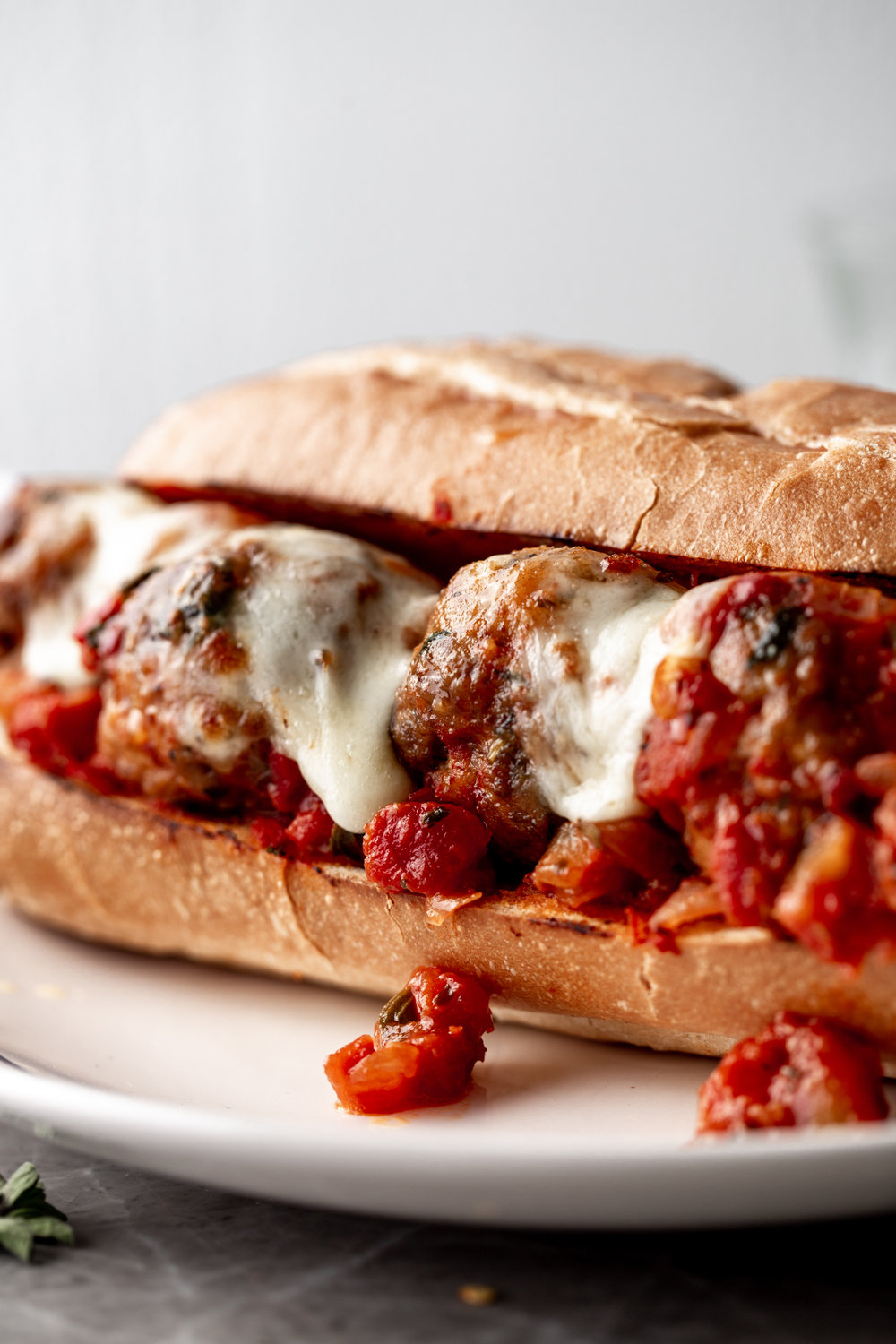 Meatball Subs with Spicy Beef and Pork Meatballs on italian roll