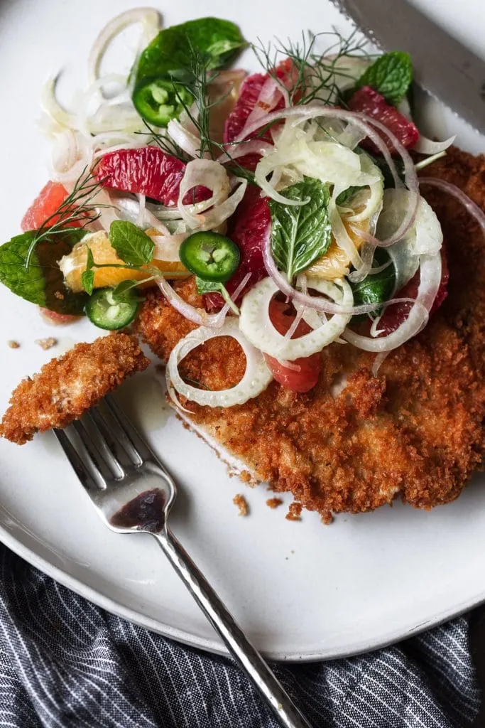 Crispy Pork Schnitzel with Citrus Salad winter cooking