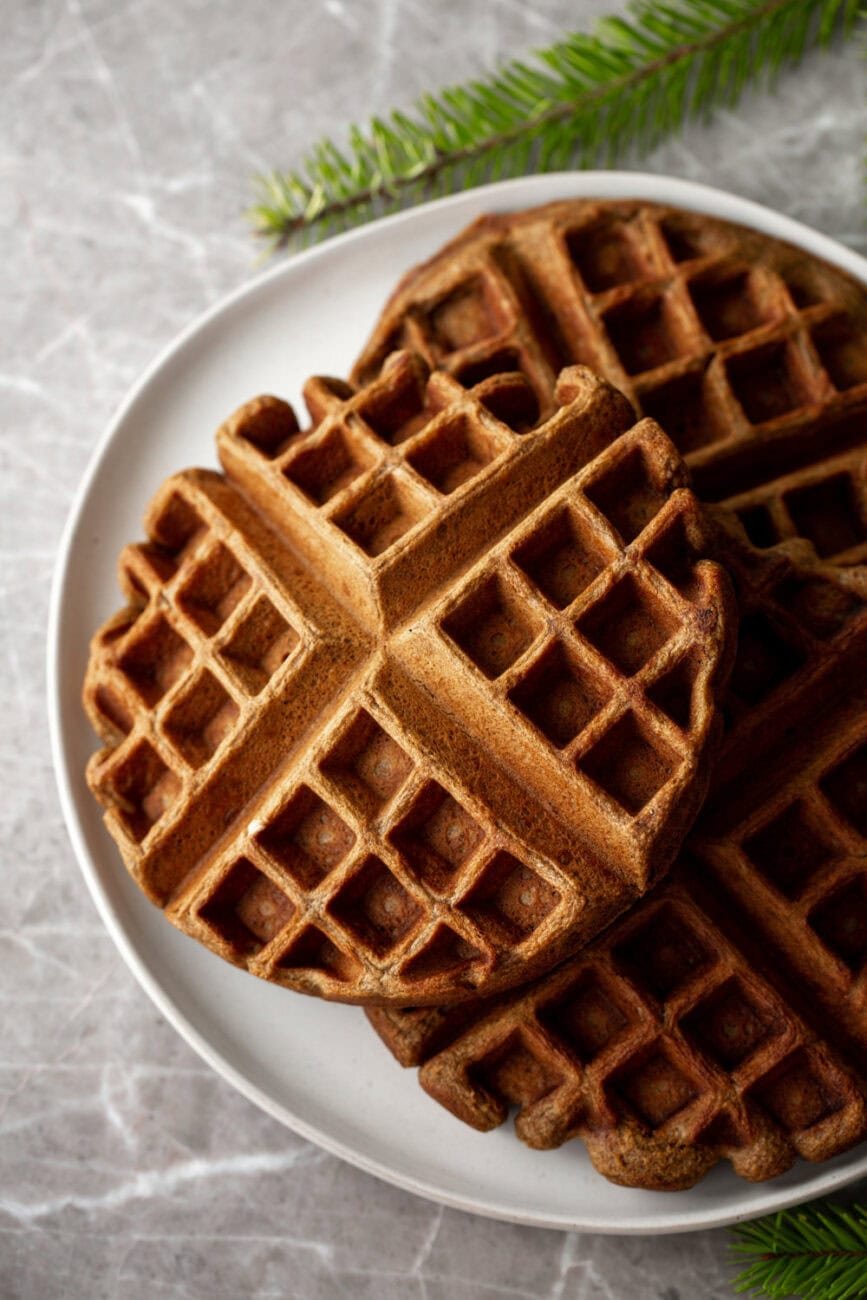 gingerbread waffles on a plate.