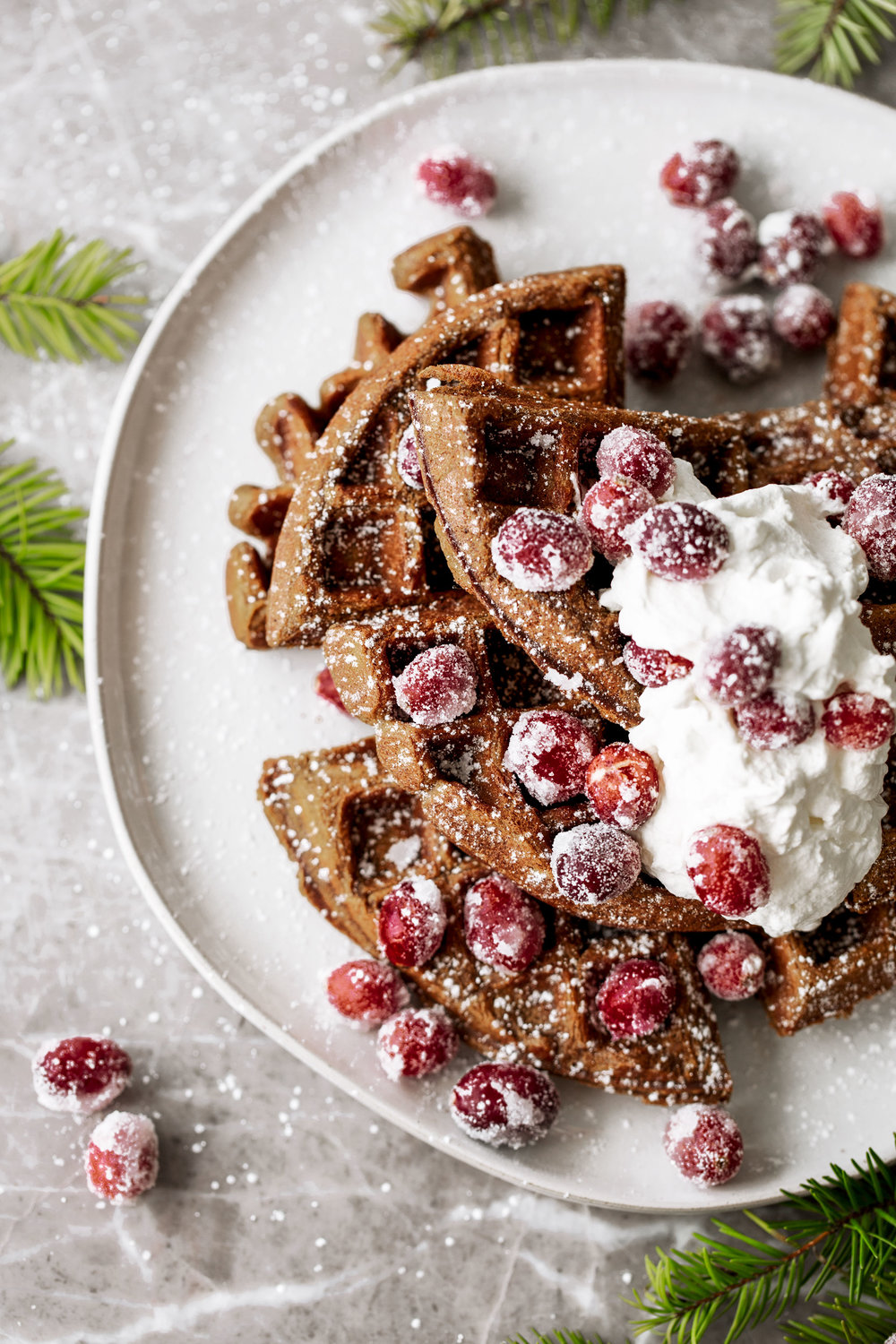 gingerbread waffles with sugared cranberries and fresh whipped cream