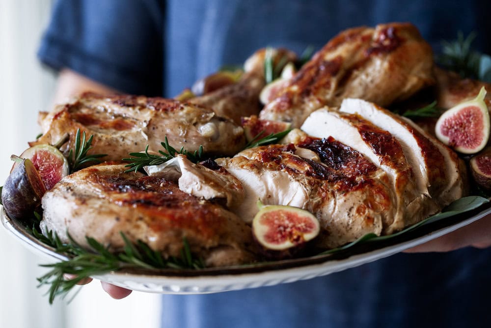 Lemon Rosemary Sous-Vide Turkey with White Wine Gravy recipe from sous-vide magazine serving platter