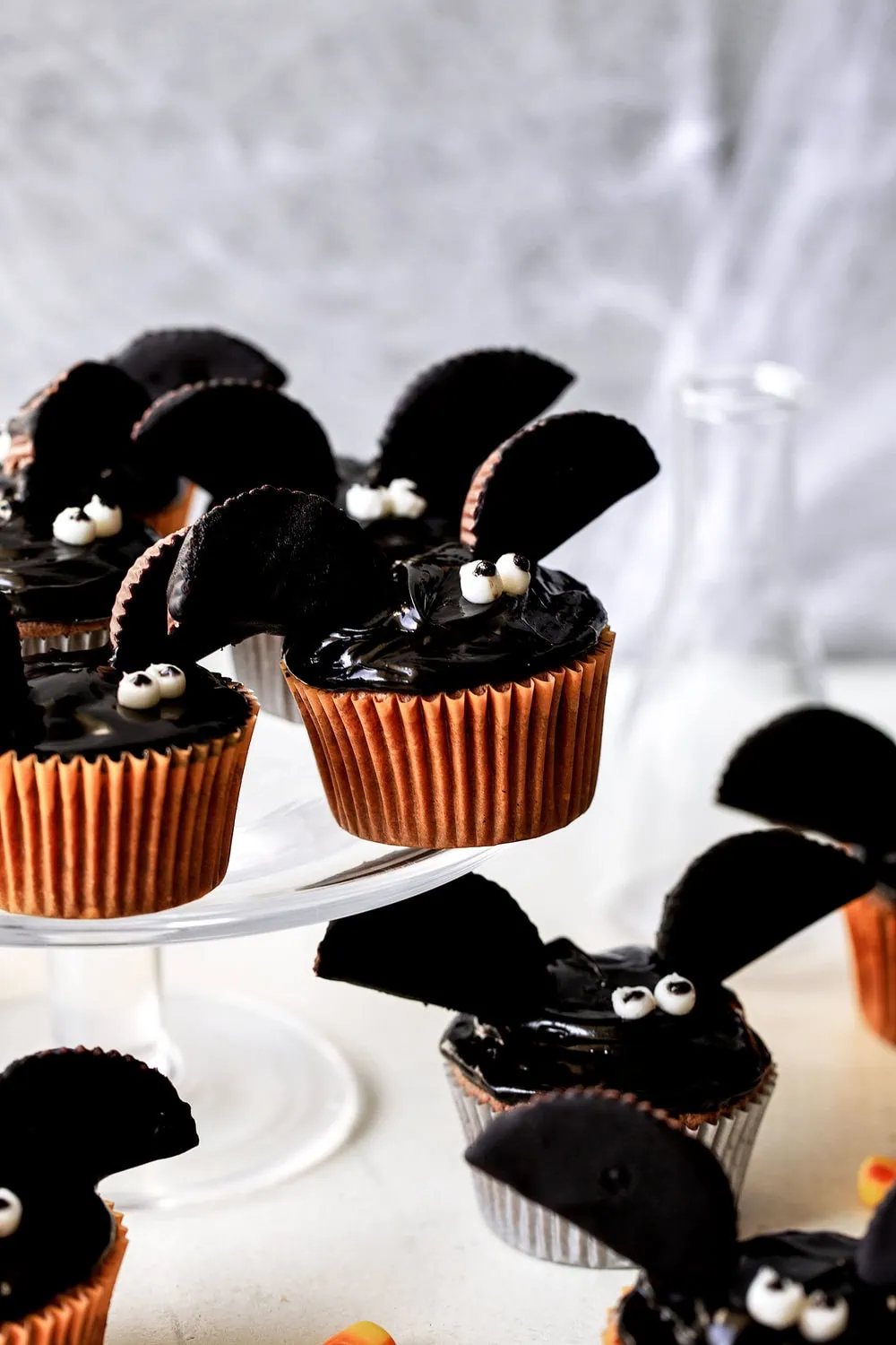 Chocolate Peanut Butter Bat Cupcakes halloween holiday recipe from cooking with cocktail rings