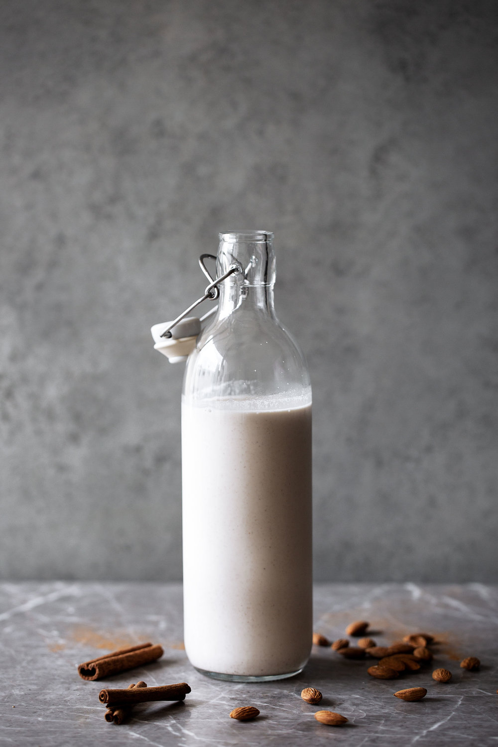 pumpkin spice almond milk in milk jug