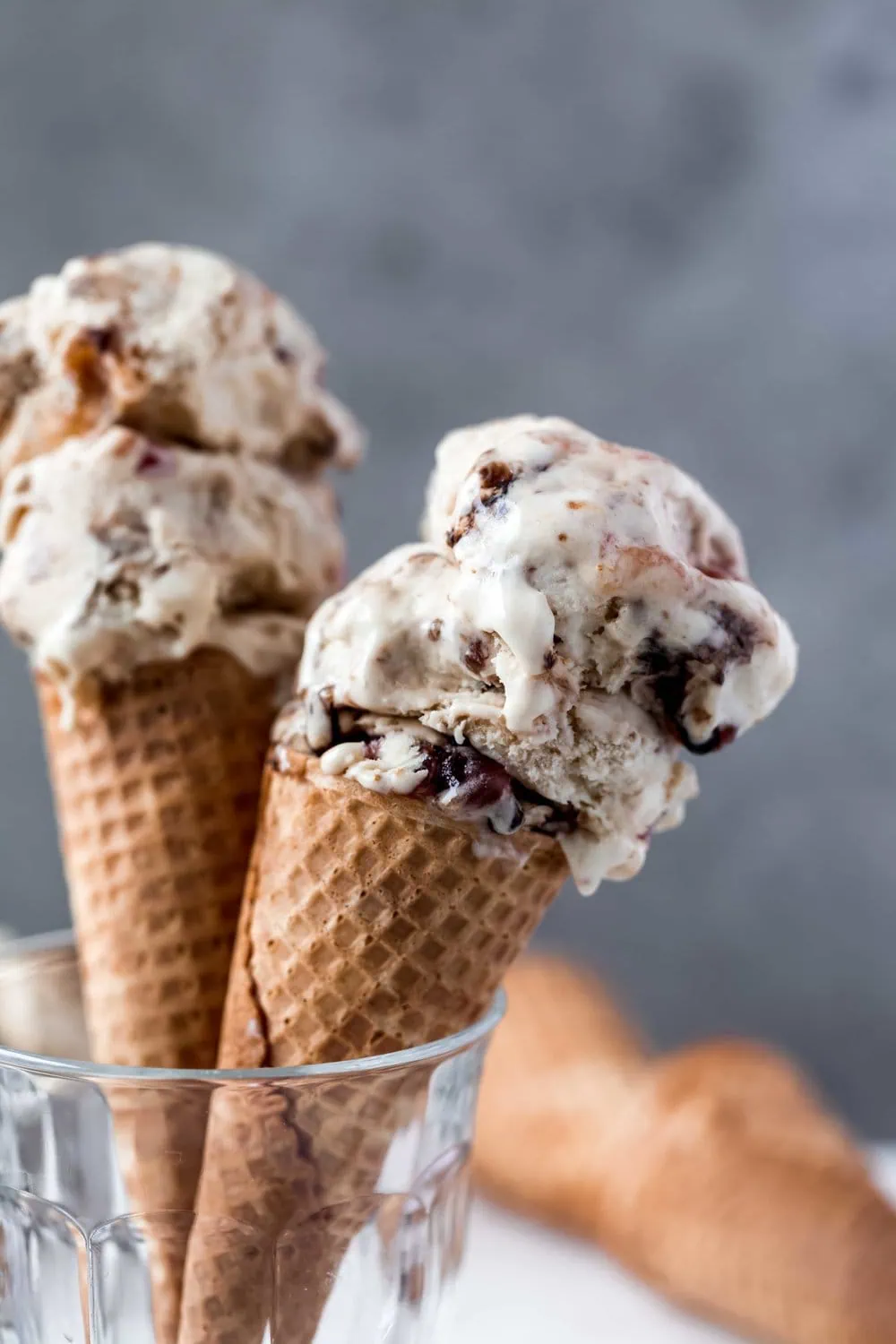 balsamic fig ice cream closeup scoop in sugar cone