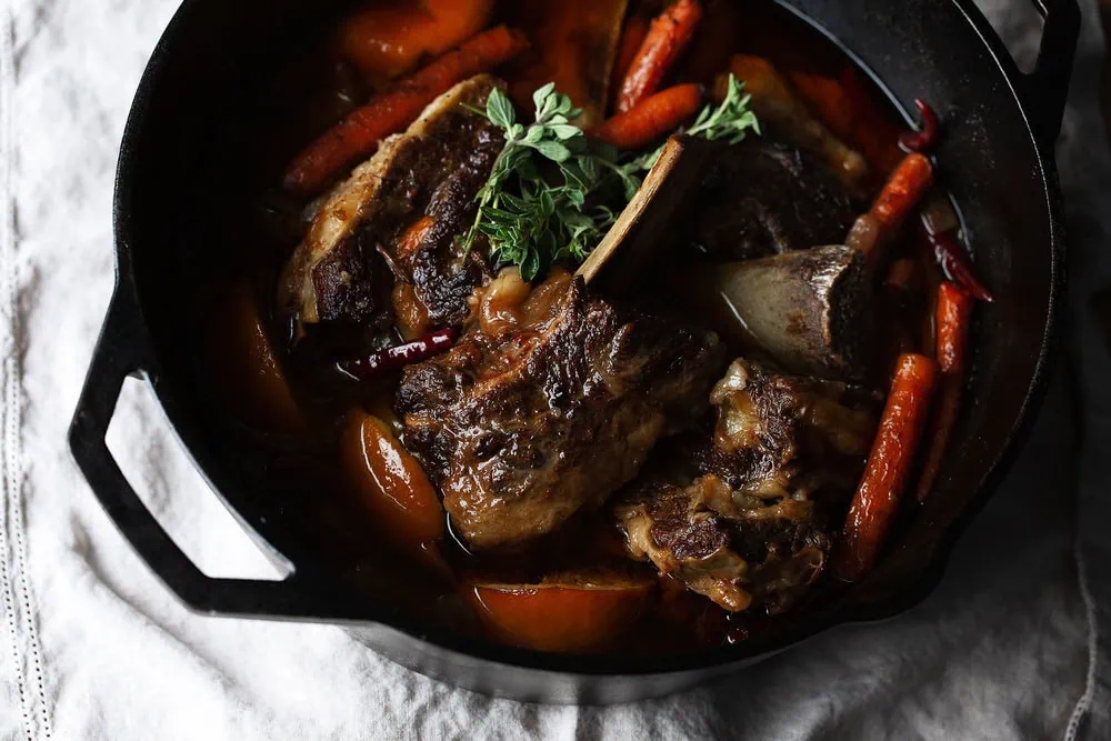 Chili Braised Short Ribs with Carrots in staub dutch oven recipe