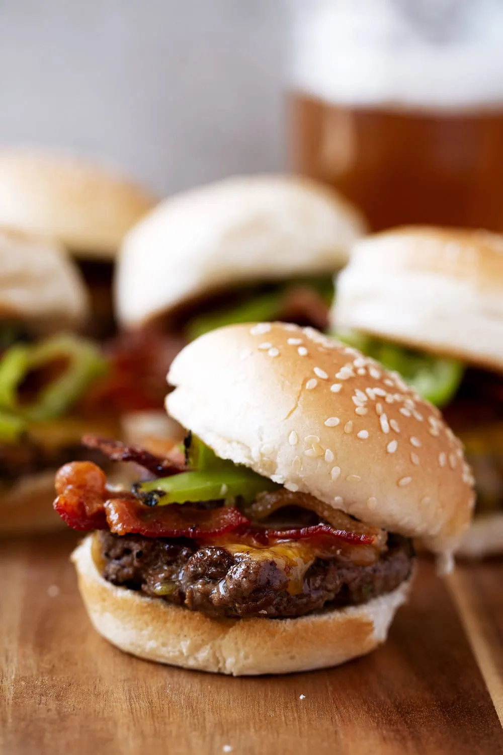 Hatch Chili & Cheddar Bacon Smash Burger Sliders closeup