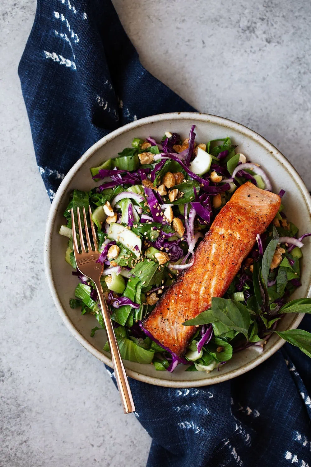 thai baby bok choy salad with crispy salmon recipe with thai basil