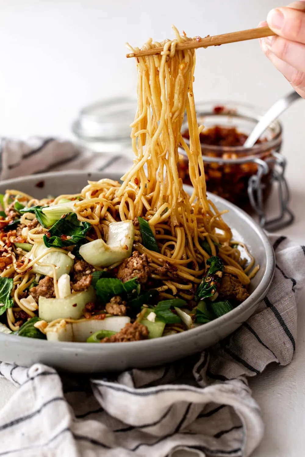 spicy dan dan noodles with bok choy and crunchy chili oil recipe noodle pull