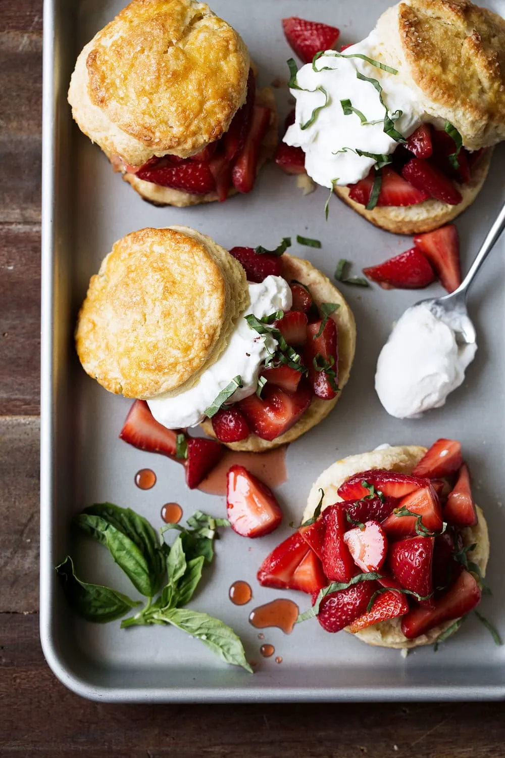 Strawberry Balsamic Shortcake with Basil and whipped cream