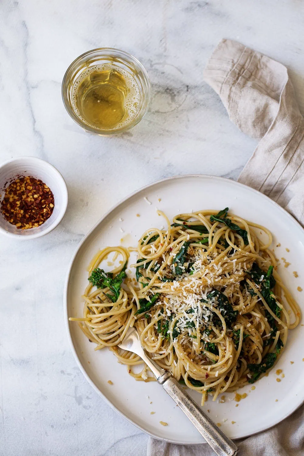 spaghetti with rapini, anchovy and chili oil topped with lemon breadcrumbs easy twist on aglio e olio