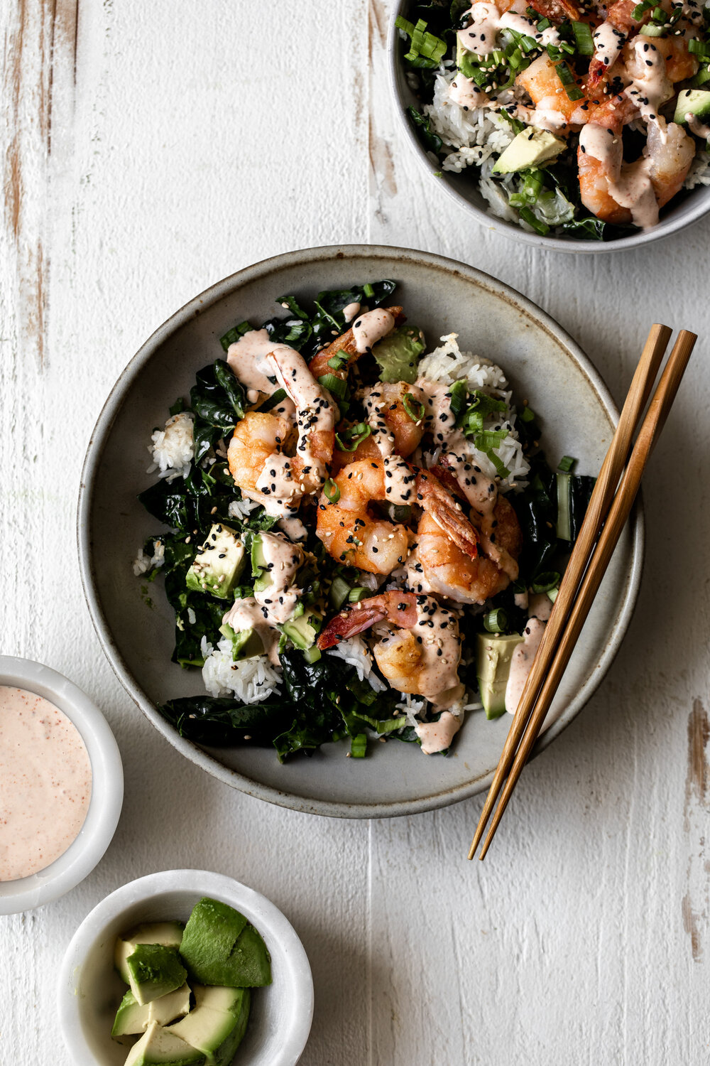 Spicy shrimp bowl with crispy rice and kale recipe from cooking with cocktail rings