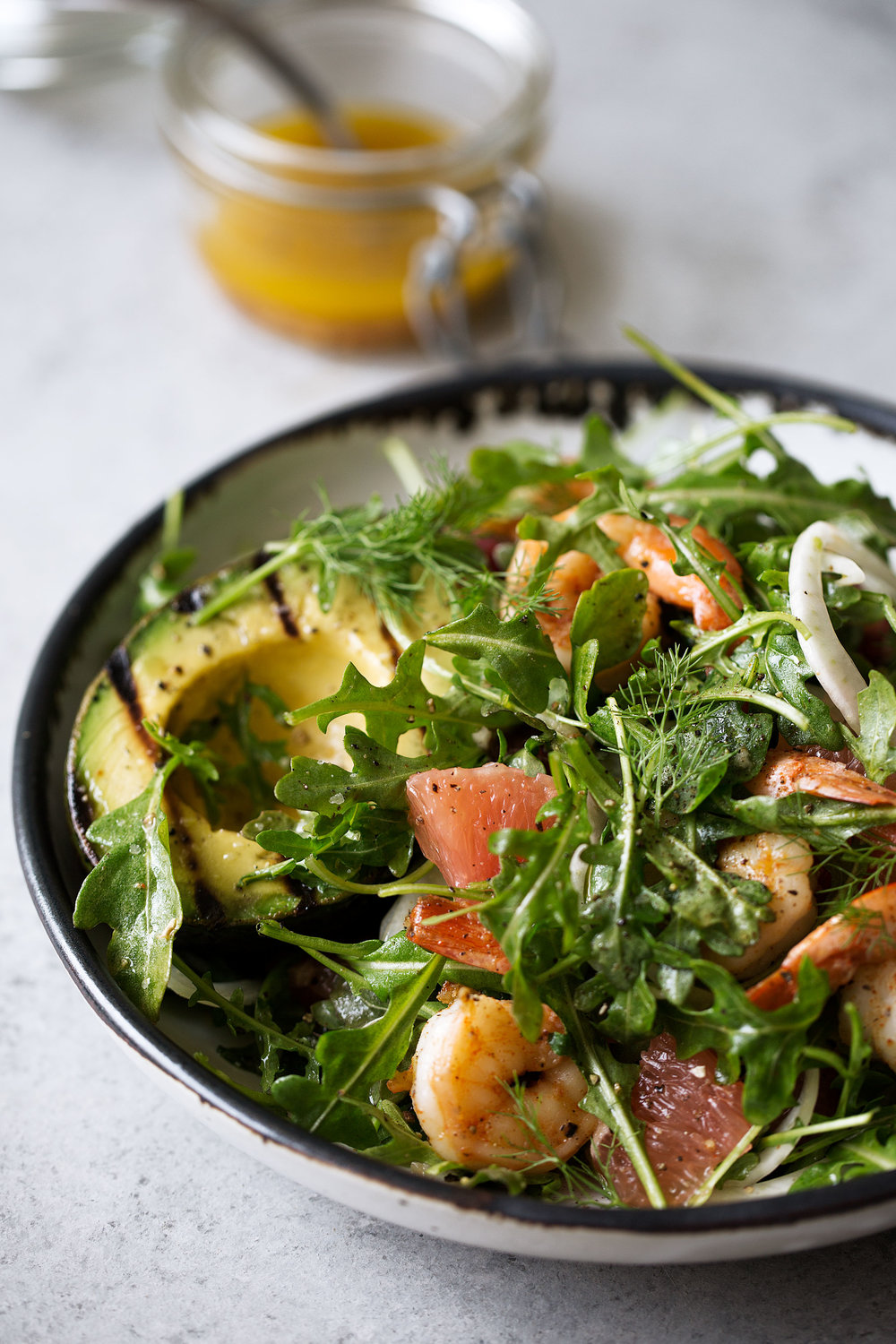 grilled Avocado & Shrimp Salad with Winter Citrus Dressing and fennel