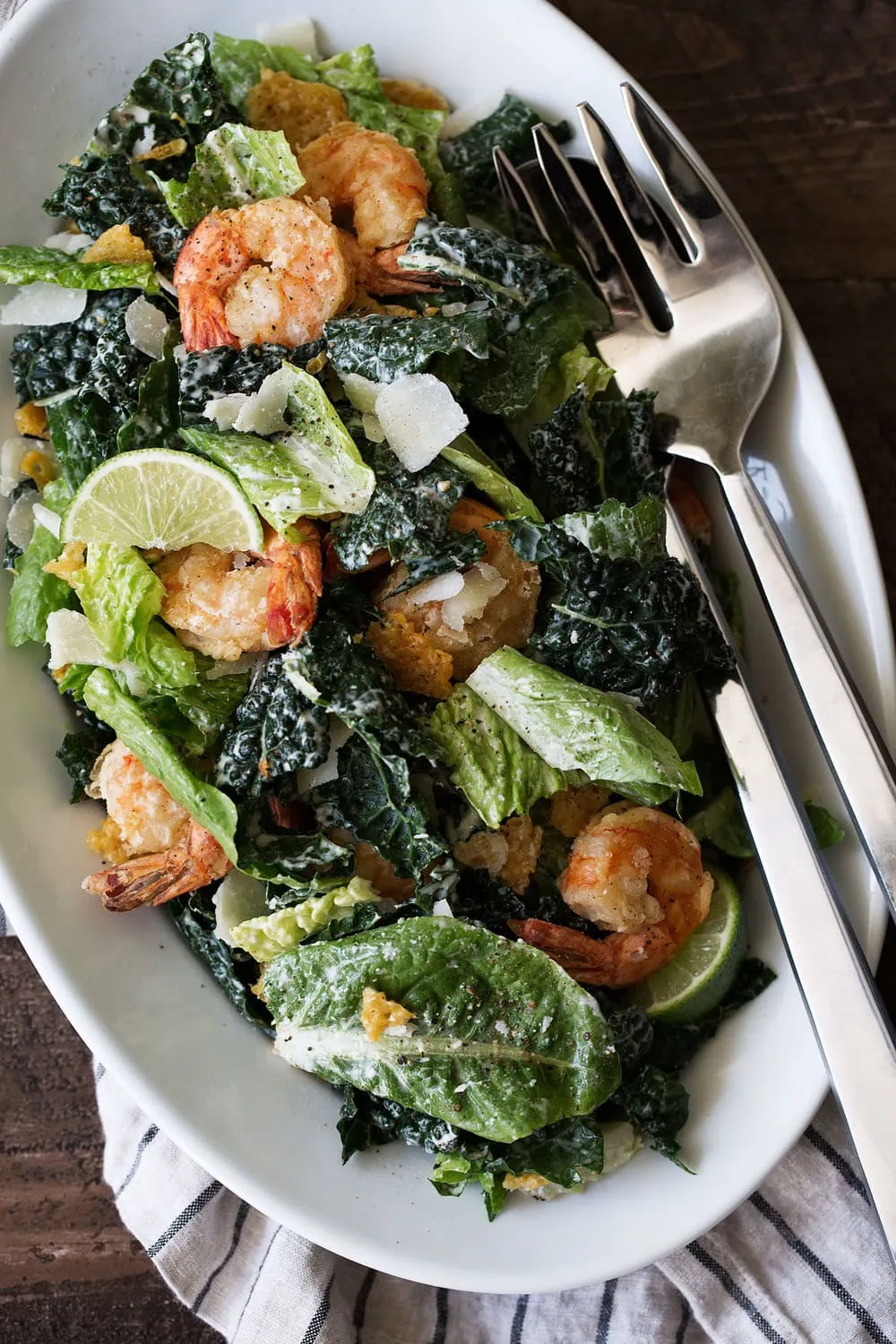 Kale Caesar Salad with Lime and Crispy Shrimp recipe from cooking with cocktail rings