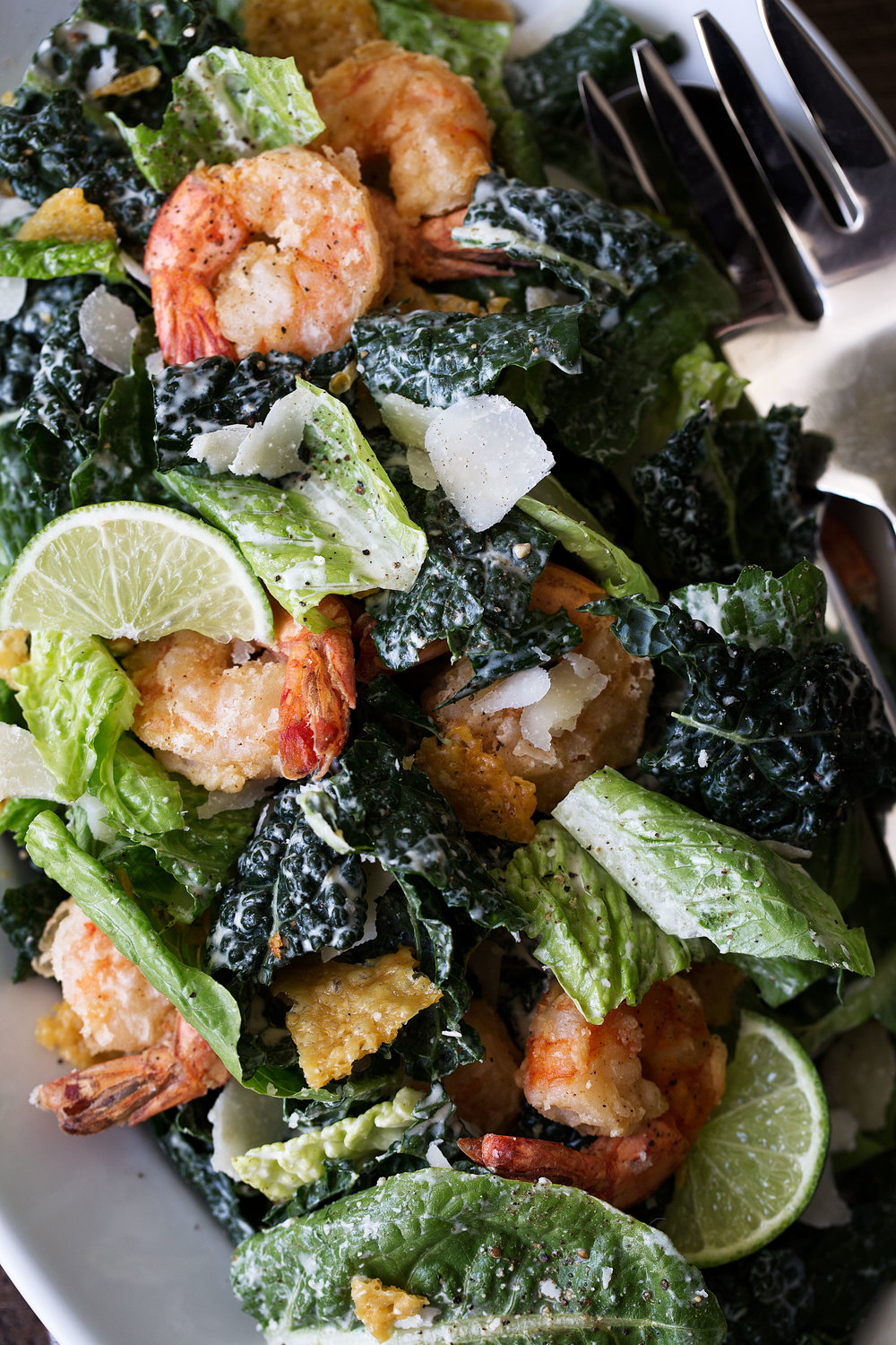 Kale Caesar Salad with Lime and Crispy Shrimp recipe 