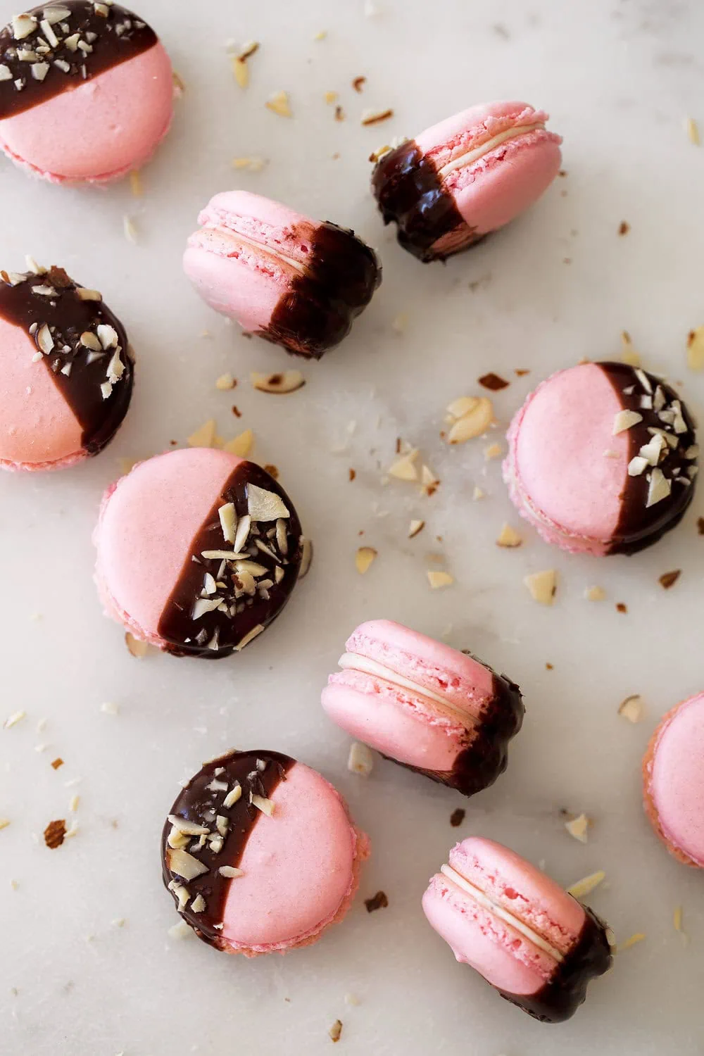 Strawberry Cream Macarons with Chocolate & Almonds