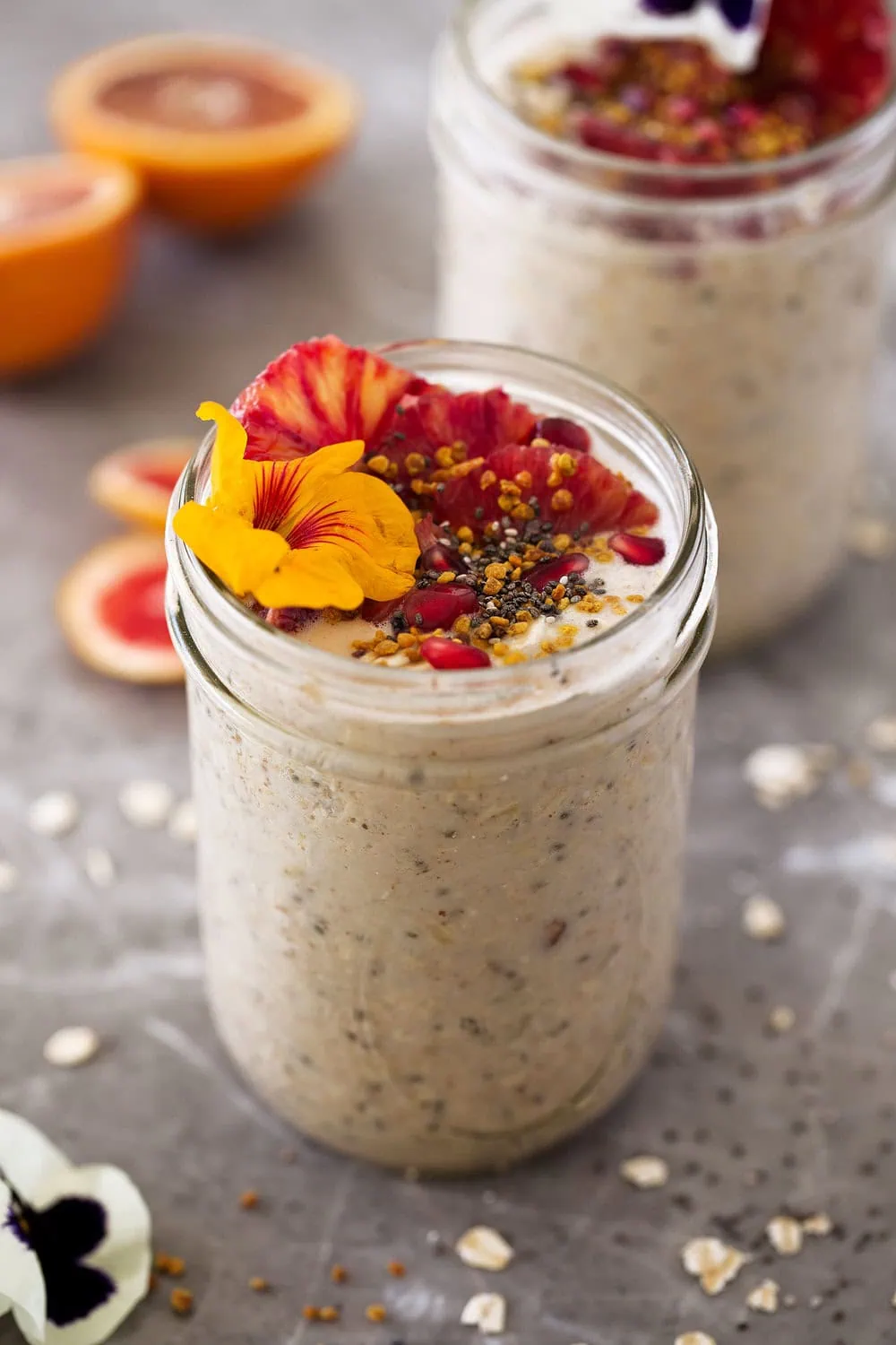 almond butter overnight oats with chia seeds and edible flowers
