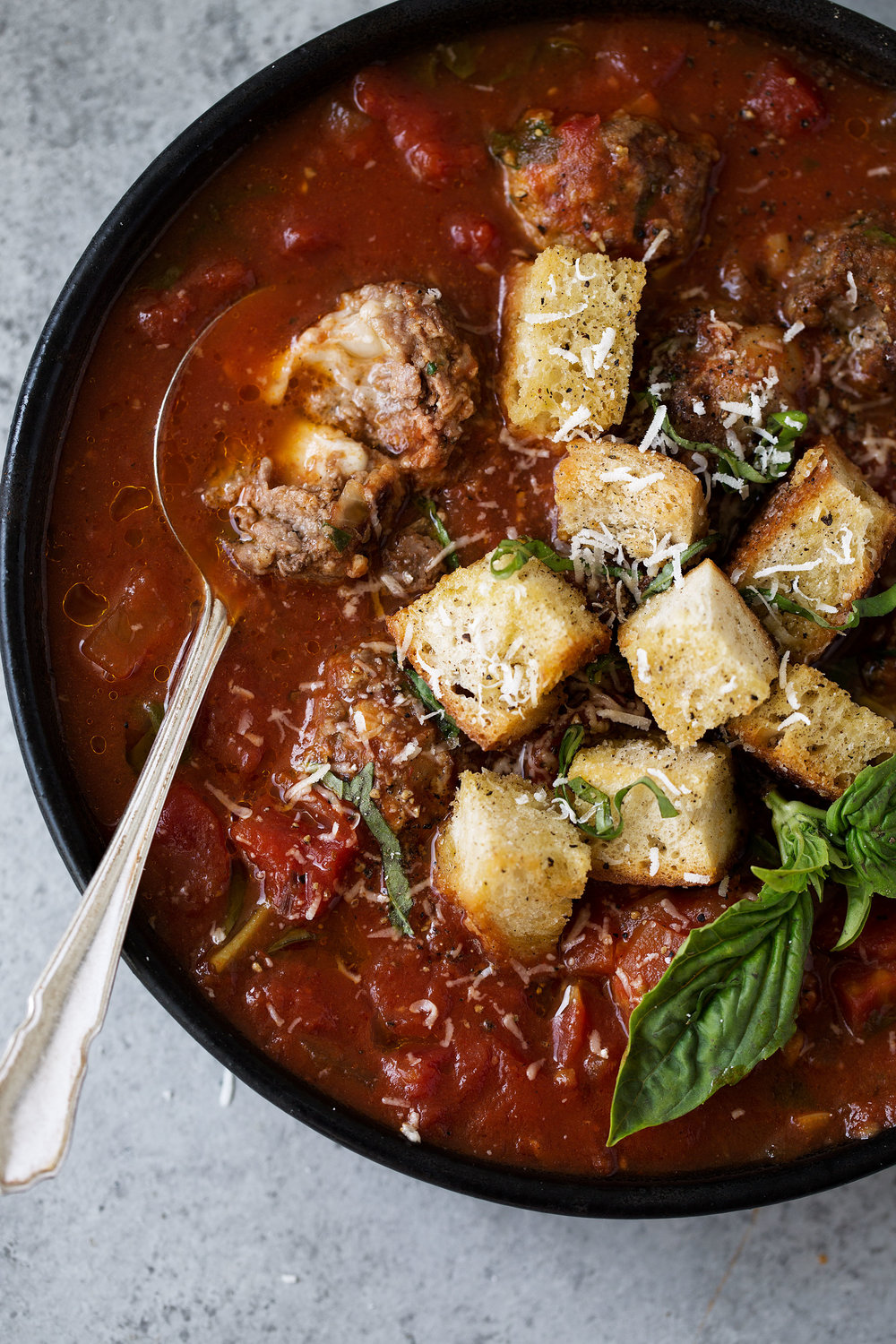 meatball sub soup with mini mozzarella meatballs and parmesan croutons recipe