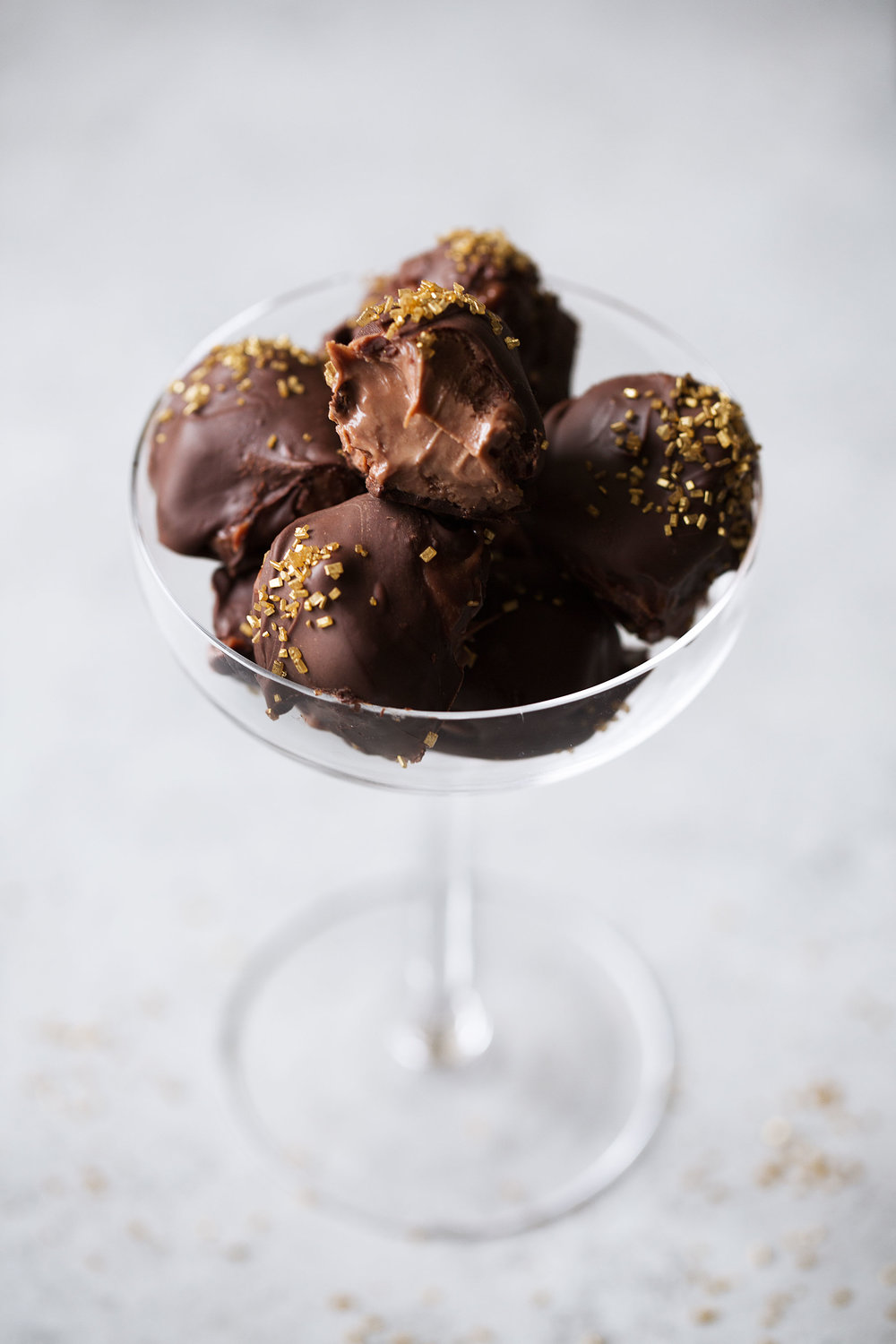 chocolate champagne truffles in martini glass