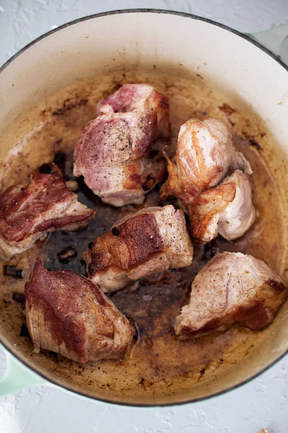seared pork shoulder in dutch oven