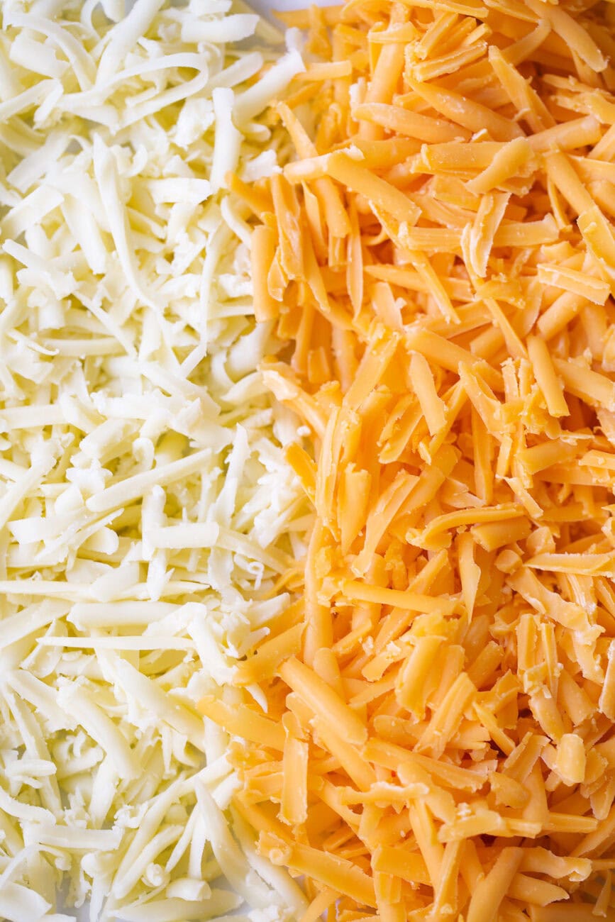 shredded monterey cheese and sharp cheddar cheese.