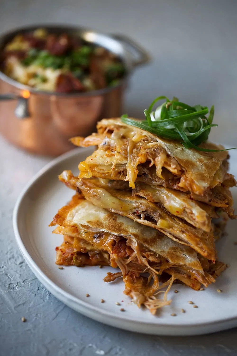 korean braised pork and kimchi quesadilla with green onions