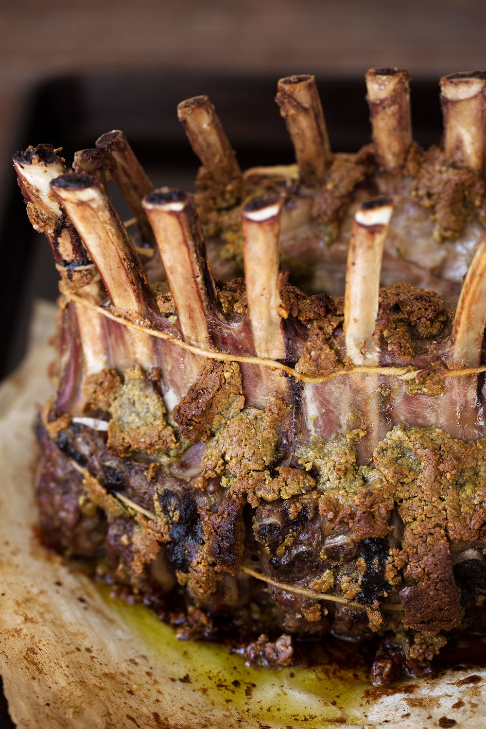 rack of lamb with rub resting out of the oven
