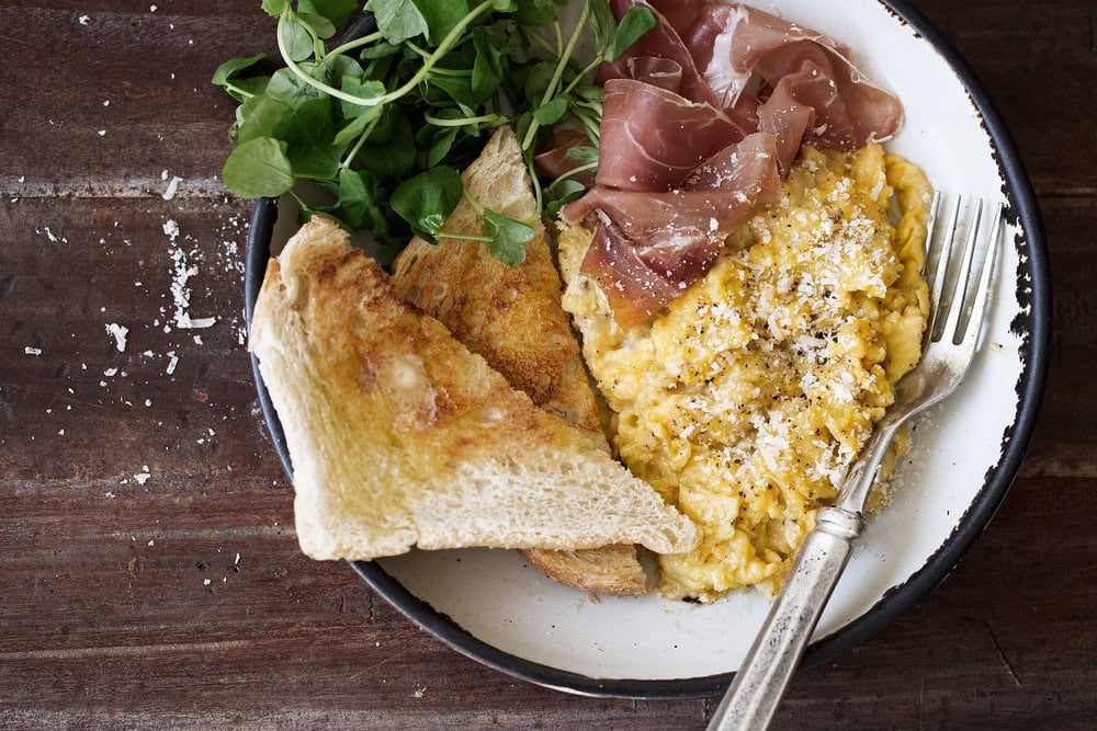 Cacio e Pepe Slow Scrambled Eggs with Prosciutto Cooking with