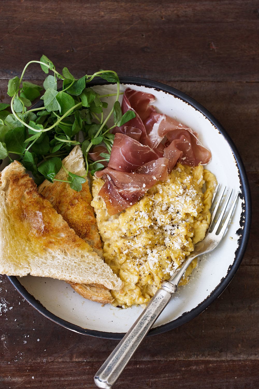 Cacio e Pepe Slow Scrambled Eggs with Prosciutto Cooking with