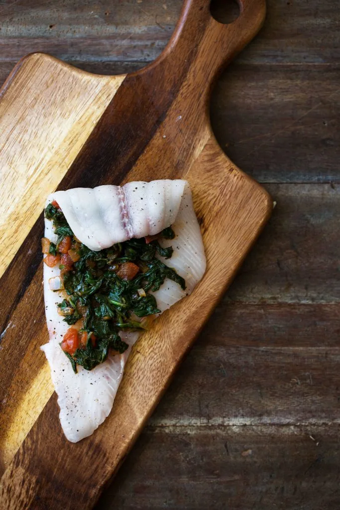 petrale sole rolled with spinach and tomato filling