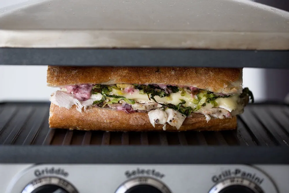 thanksgiving leftover panini with turkey, brie, shredded brussels sprouts and cranberry mayo recipe