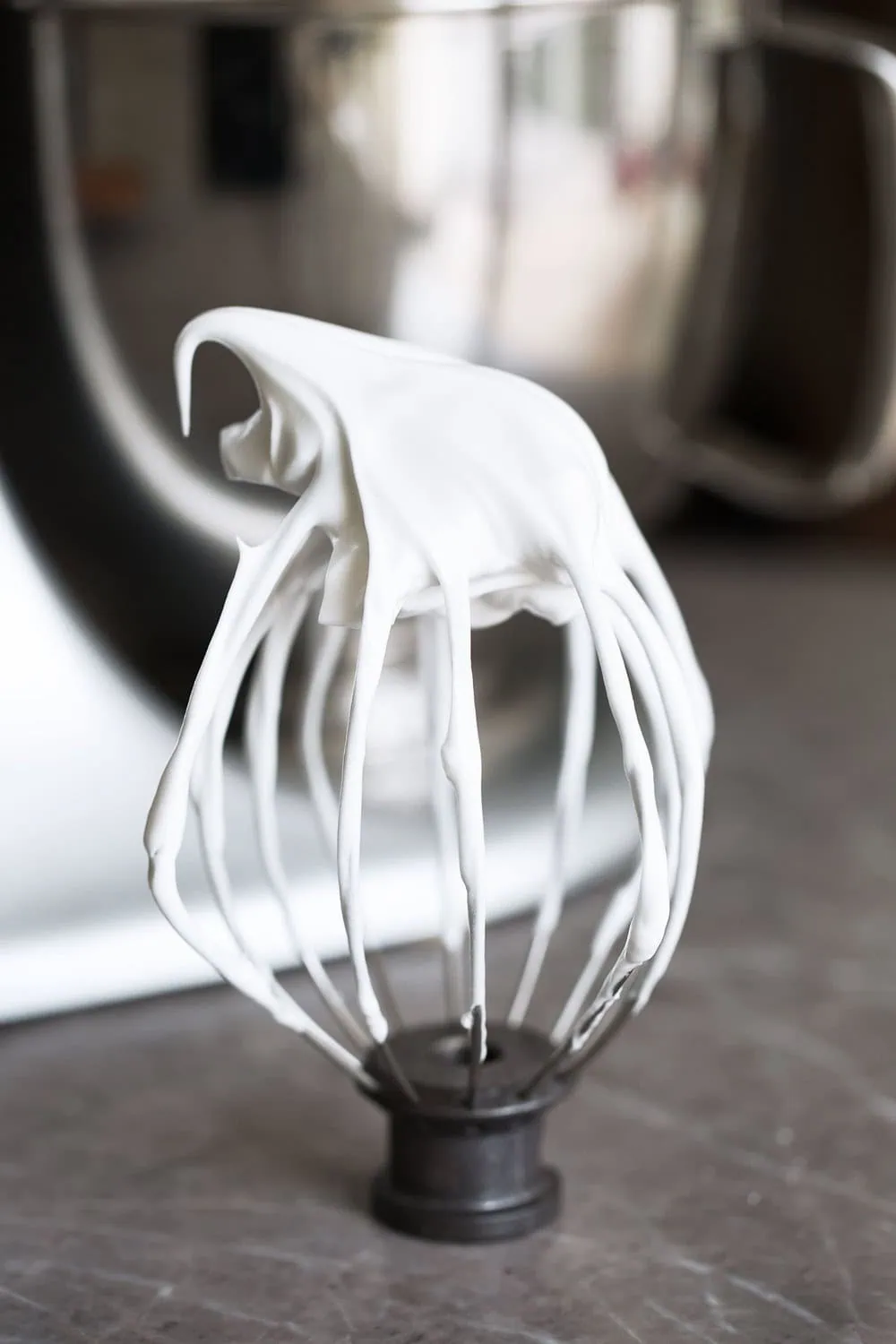meringue topping stiff peaks on whisk