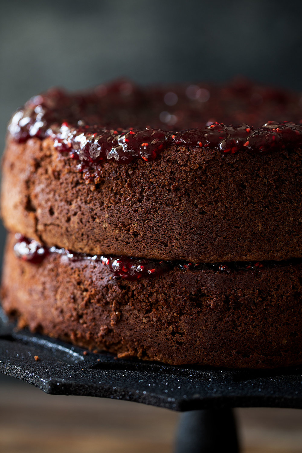 chocolate cake with raspberry jam