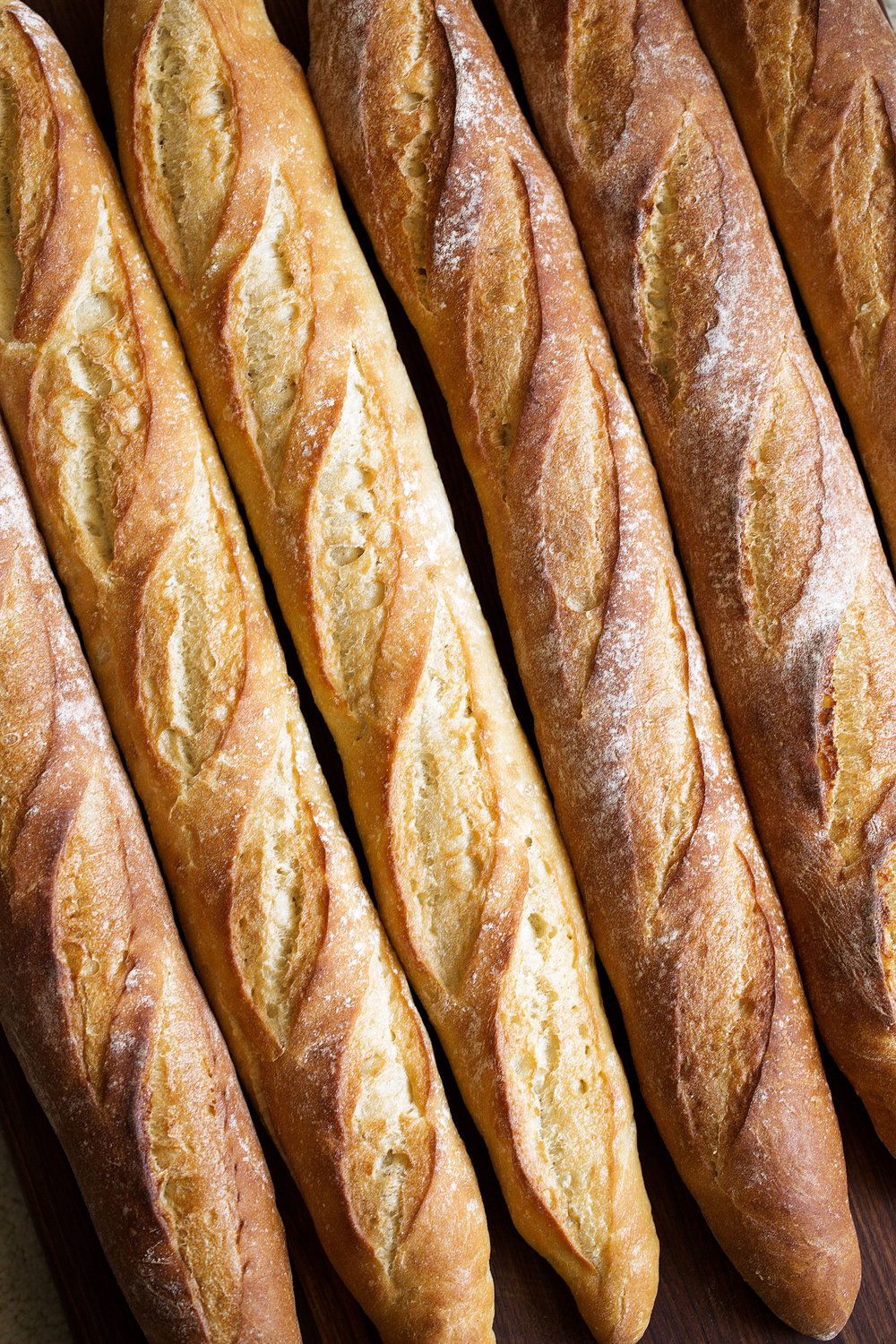 row of French baguettes