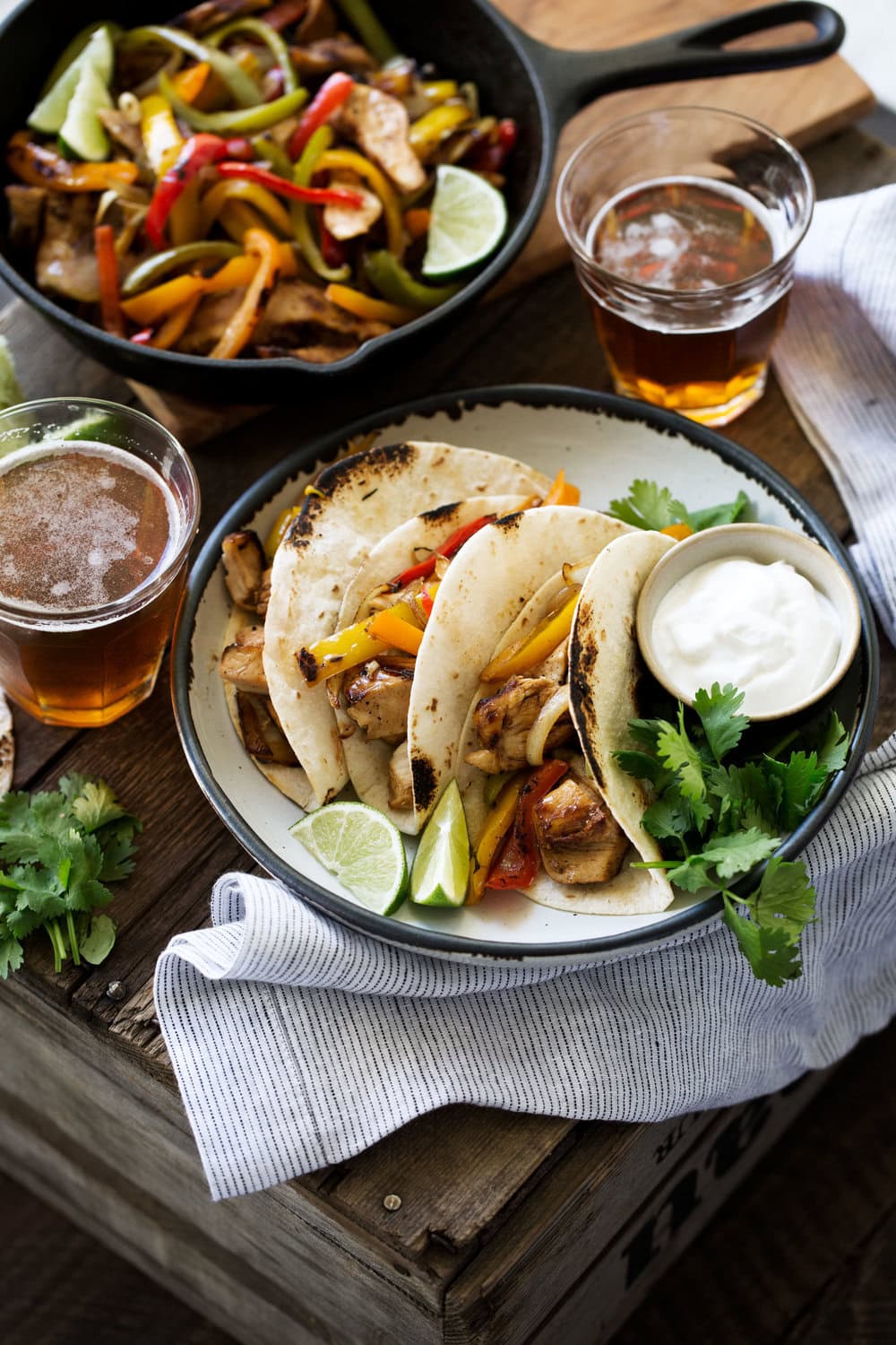 Tequila lime chicken fajitas cooking with cocktail rings