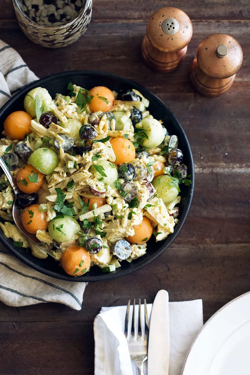 Indian-inspired curry chicken salad with melon and almonds 