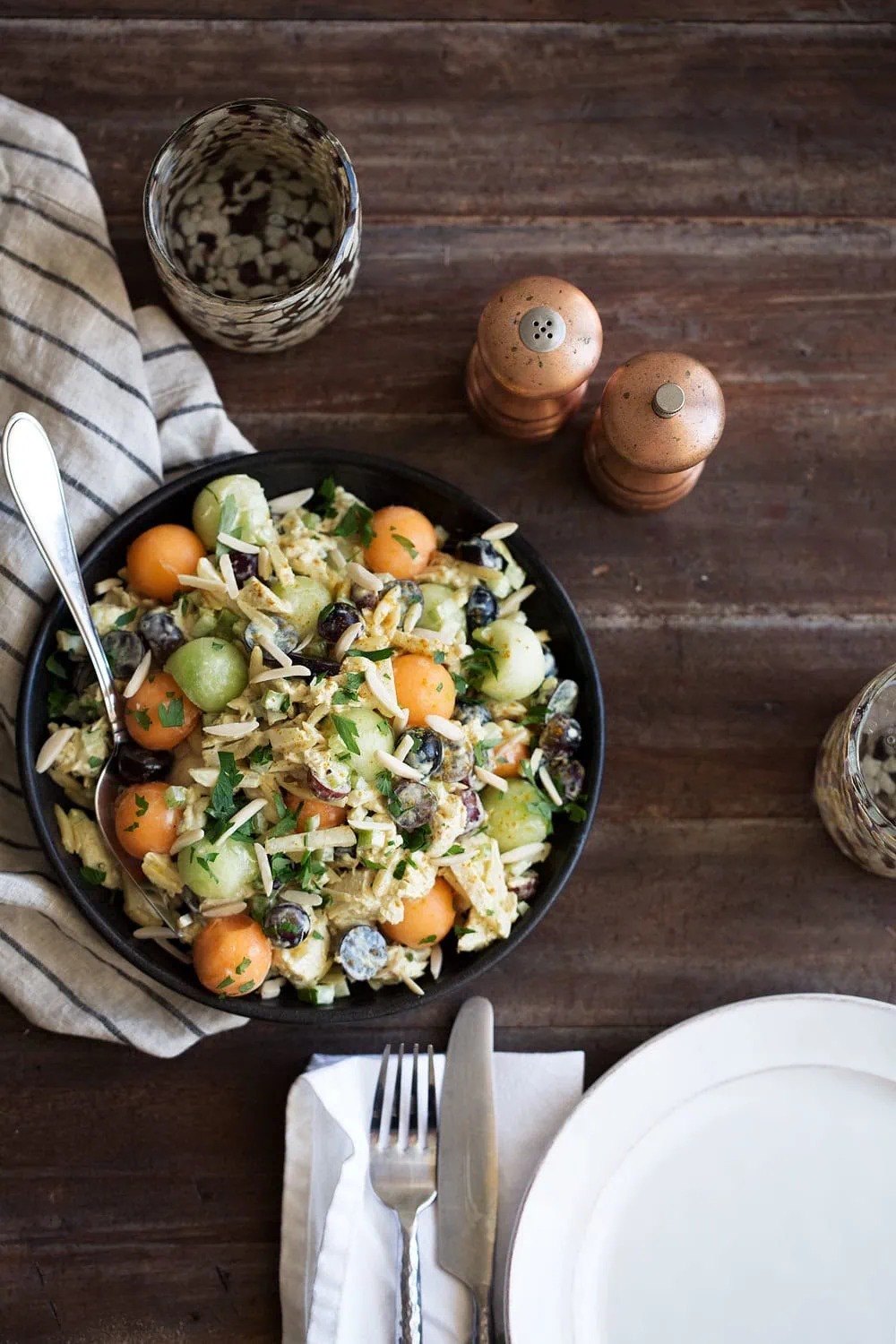 Indian-inspired curry chicken salad with melon and almonds 