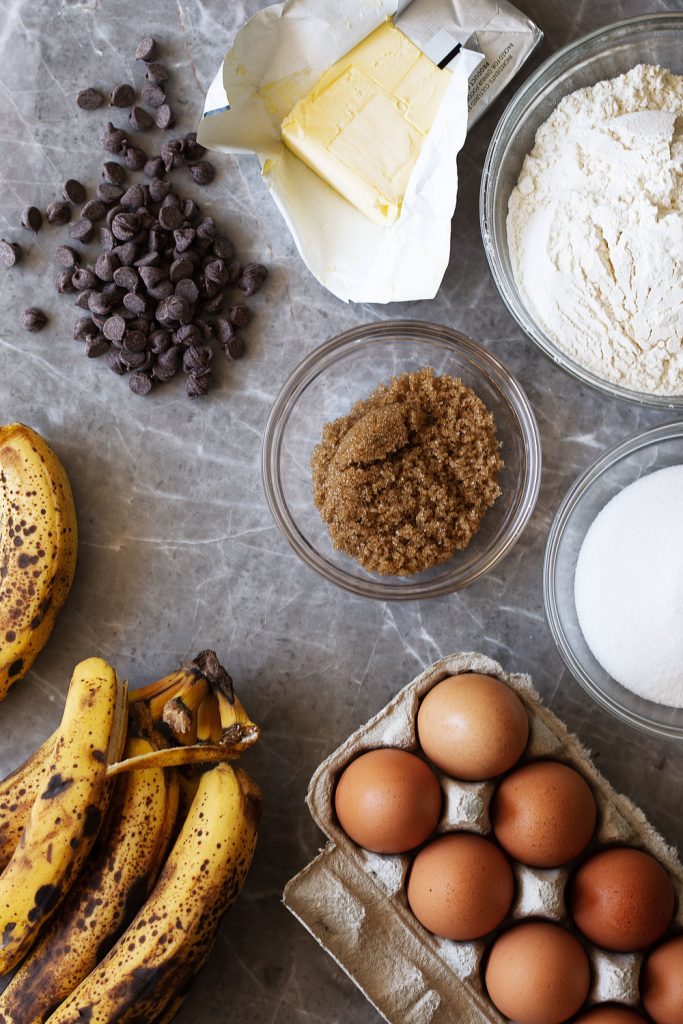 butter flour sugar eggs and banana ingredients