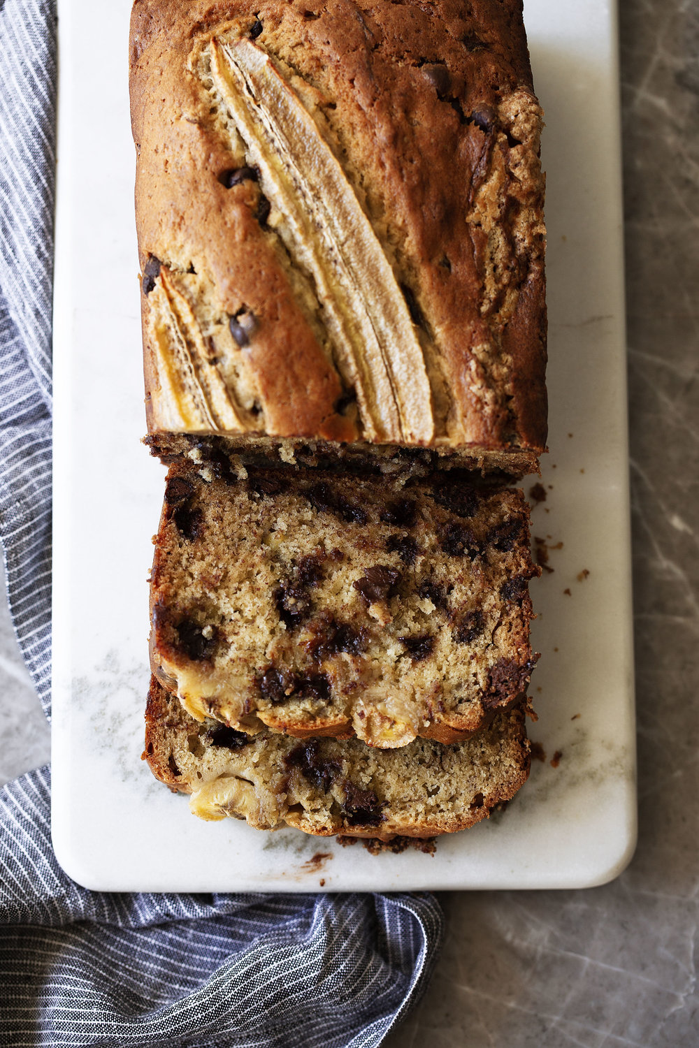 chocolate chip banana bread baked and sliced