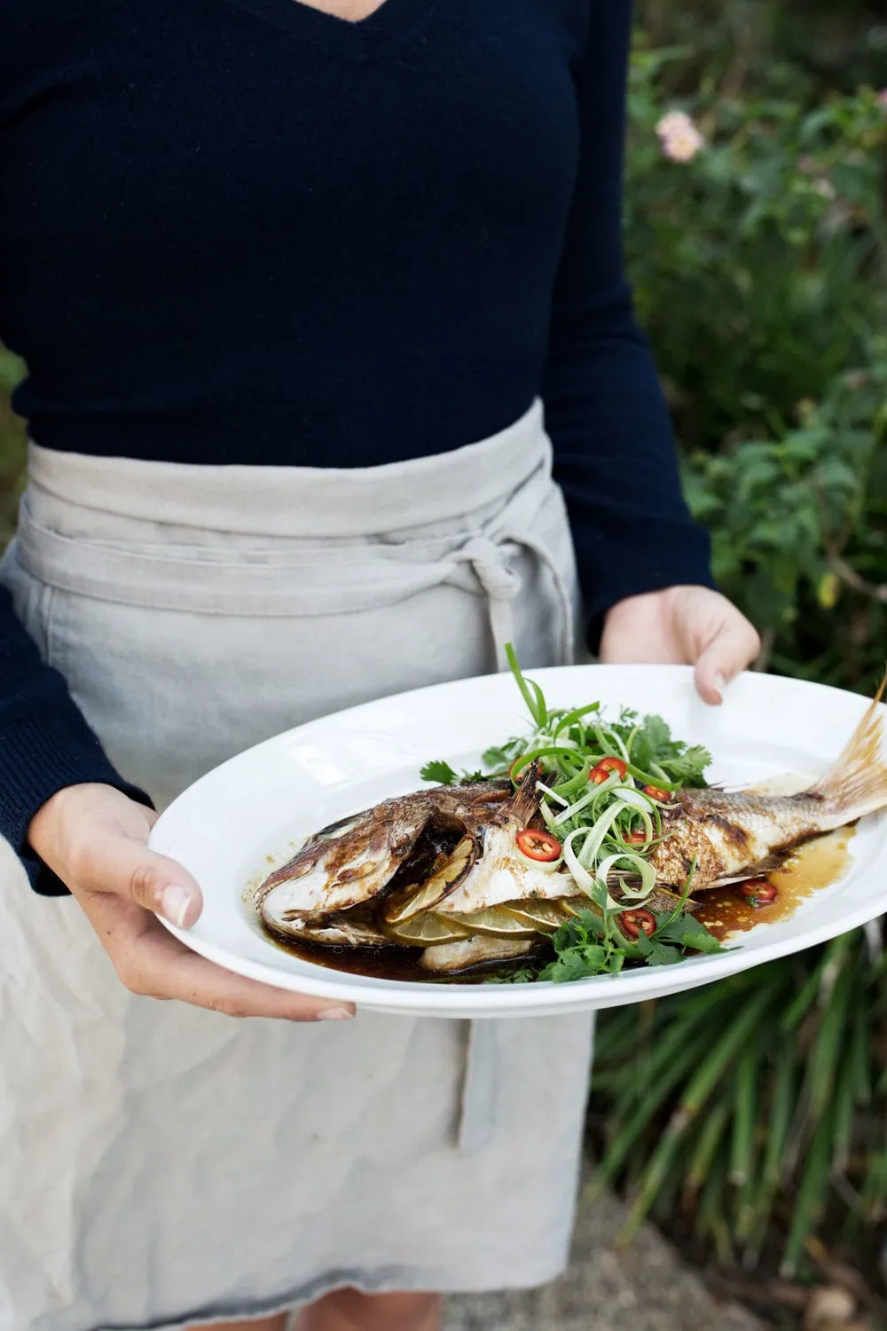 Whole Roast Red Snapper with Asian Spices platter for serving