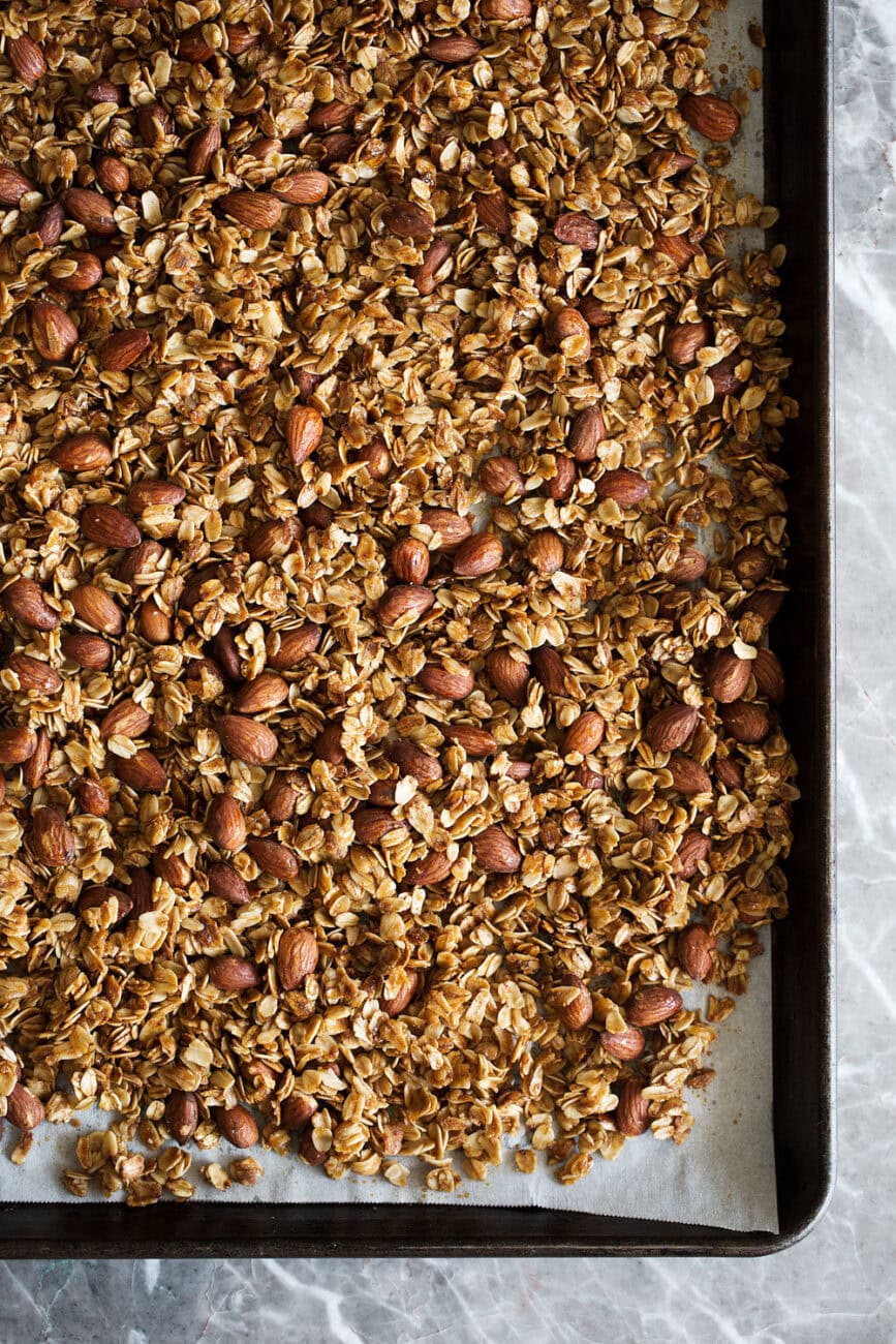 honey almond granola on sheetpan baked. 