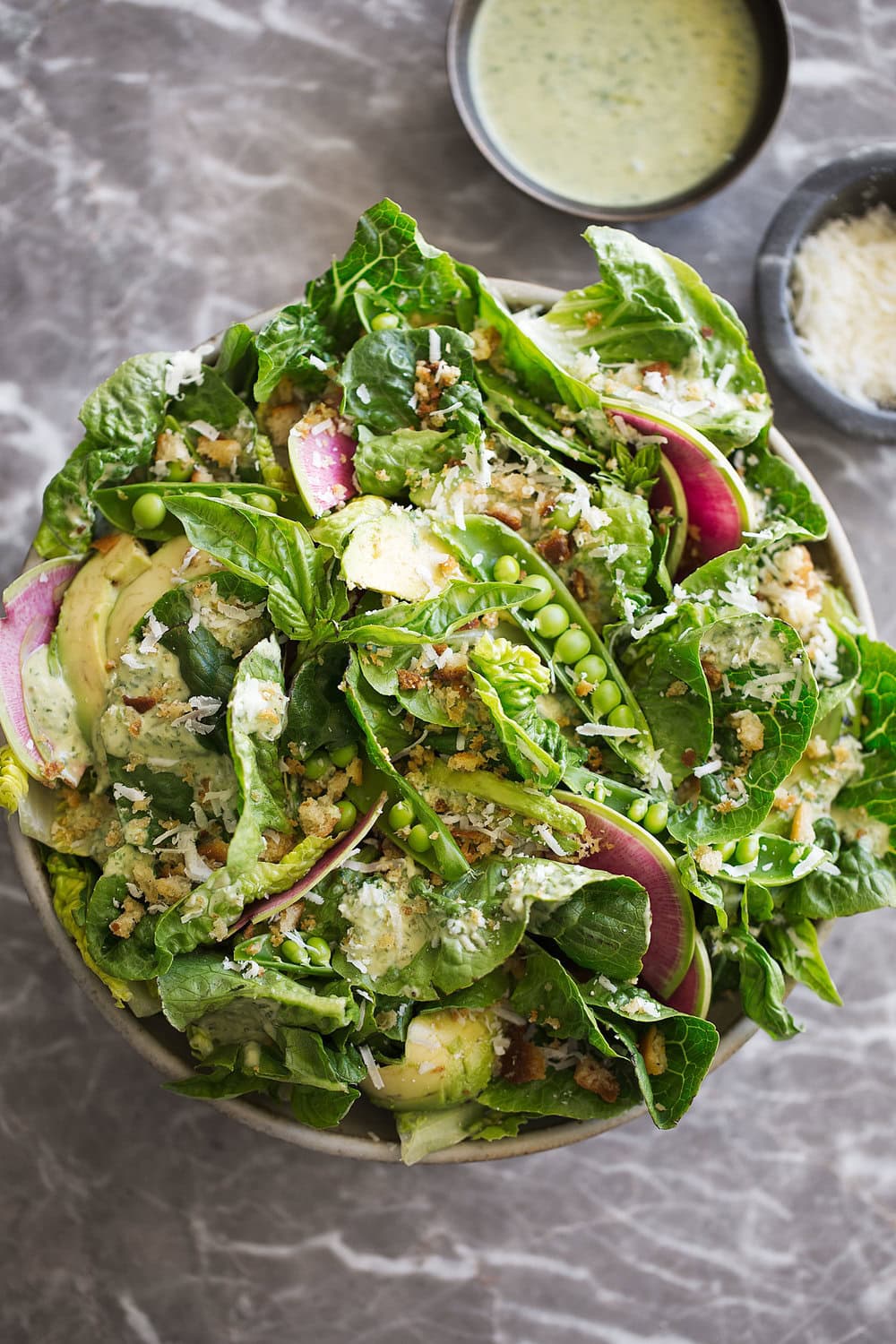 Little Gem Salad with Green Goddess Dressing and Buttered Breadcrumbs overhead