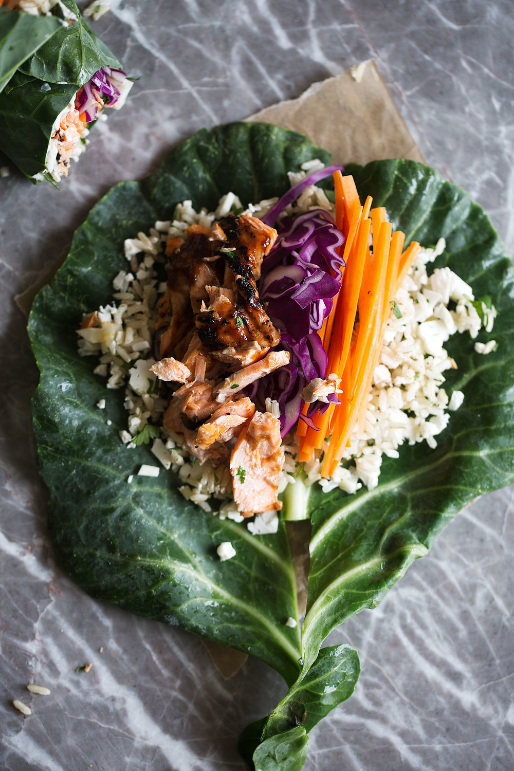 how to make Grilled BBQ Salmon and Veggie Collard Green Wraps