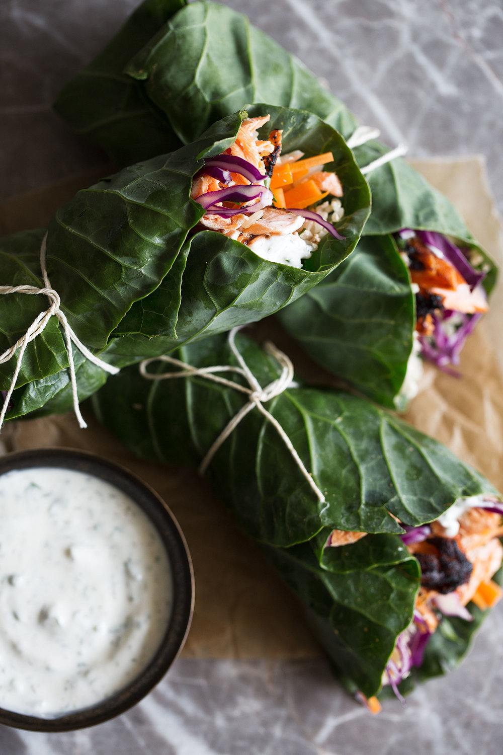 Grilled BBQ Salmon and Veggie Collard Green Wraps with Ranch Yogurt Sauce